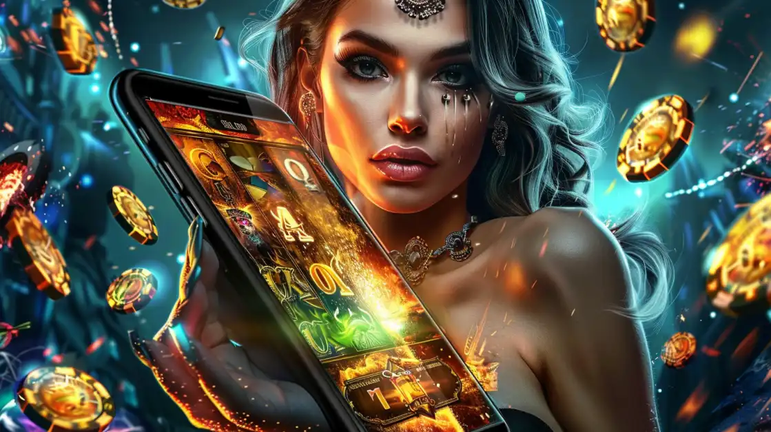 Stylish woman holding a large smartphone with a fiery-themed slot game interface, with golden chips flying around.