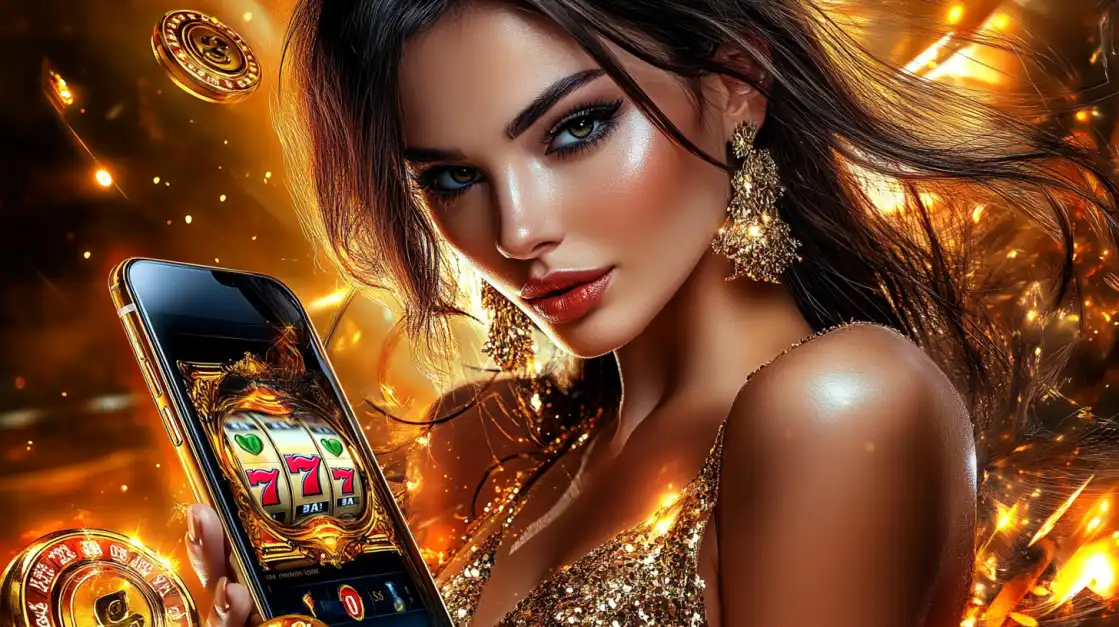 Glamorous woman in gold holding a smartphone with a winning slot machine screen showing triple 7s, surrounded by glowing coins and casino elements.